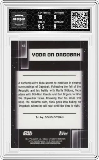 Yoda on Dagobah from the 2021 Topps Chrome Star Wars Galaxy set graded by Arena Club and given an overall grade of 9.5.