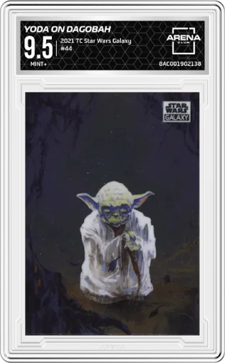Yoda on Dagobah from the 2021 Topps Chrome Star Wars Galaxy set graded by Arena Club and given an overall grade of 9.5.