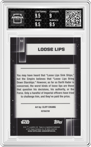 Loose Lips from the 2021 Topps Chrome Star Wars Galaxy set featuring a Refractor parallel graded by Arena Club and given an overall grade of 9.5.