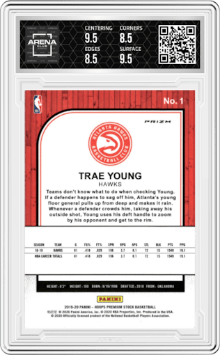 Trae Young from the 2019-20 Panini Hoops Premium Stock set featuring a Green  parallel graded by Arena Club and given an overall grade of 9.