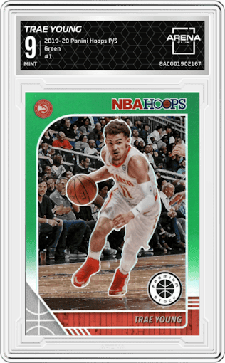 Trae Young from the 2019-20 Panini Hoops Premium Stock set featuring a Green  parallel graded by Arena Club and given an overall grade of 9.