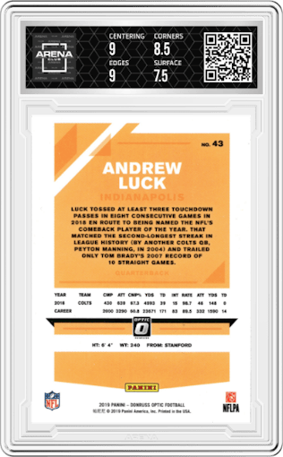 Andrew Luck from the 2019 Panini Donruss Optic set graded by Arena Club and given an overall grade of 8.