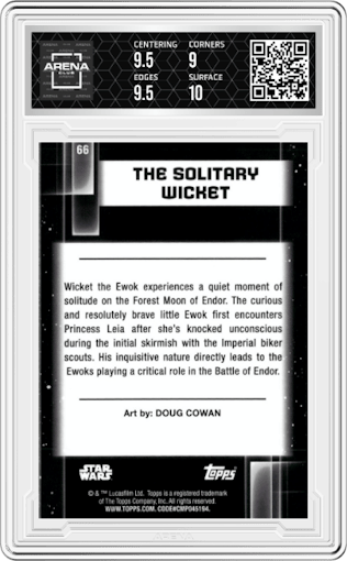 The Solitary Wicket from the 2021 Topps Chrome Star Wars Galaxy set graded by Arena Club and given an overall grade of 9.5.