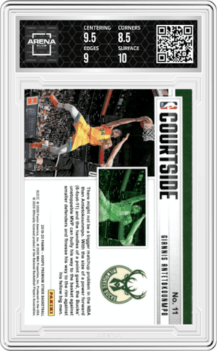 Giannis Antetokounmpo from the 2019-20 Panini Hoops Premium Stock set graded by Arena Club and given an overall grade of 9.