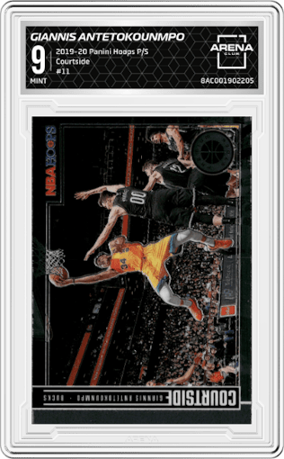 Giannis Antetokounmpo from the 2019-20 Panini Hoops Premium Stock set graded by Arena Club and given an overall grade of 9.