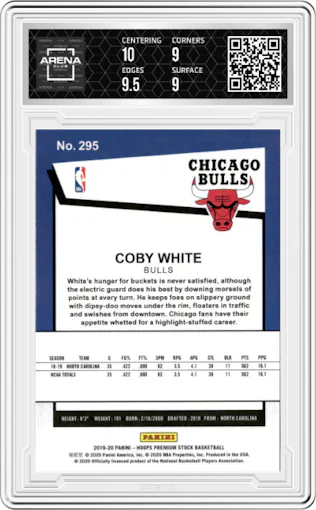 Coby White from the 2019-20 Panini Hoops Premium Stock set graded by Arena Club and given an overall grade of 9.5.