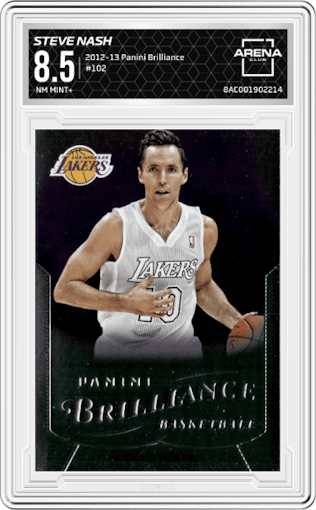 Steve Nash from the 2012-13 Panini Brilliance Basketball set graded by Arena Club and given an overall grade of 8.5.