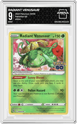 Radiant Venusaur from the 2022 Pokemon SWSH set graded by Arena Club and given an overall grade of 9.