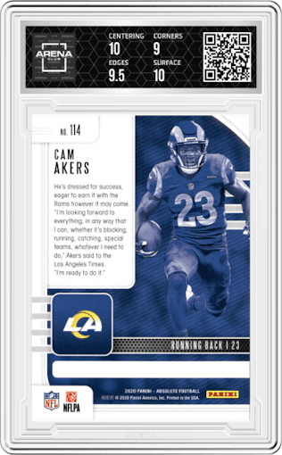 Cam Akers from the 2020 Panini Absolute set graded by Arena Club and given an overall grade of 9.5.