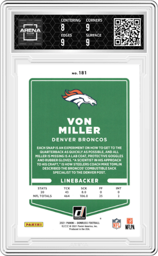 Von Miller from the 2021 Panini Donruss set graded by Arena Club and given an overall grade of 8.5.