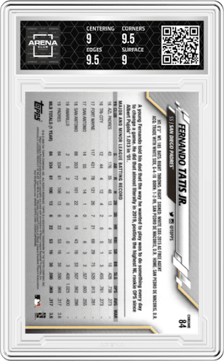 Fernando Tatis Jr. from the 2020 Topps Chrome set graded by Arena Club and given an overall grade of 9.5.