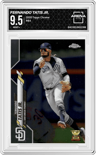 Fernando Tatis Jr. from the 2020 Topps Chrome set graded by Arena Club and given an overall grade of 9.5.