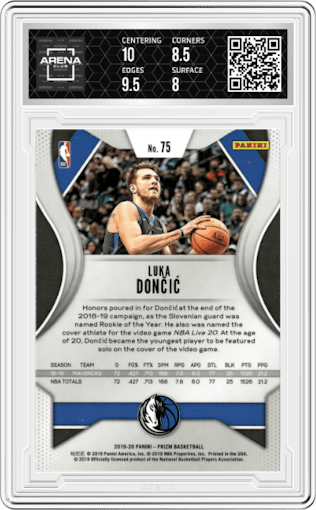 Luka Doncic from the 2019-20 Panini Prizm set graded by Arena Club and given an overall grade of 8.5.
