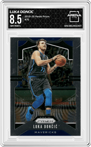 Luka Doncic from the 2019-20 Panini Prizm set graded by Arena Club and given an overall grade of 8.5.