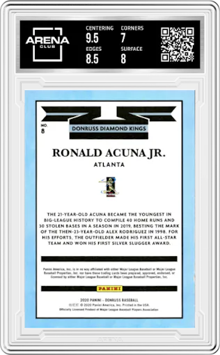 Ronald Acuna Jr. from the 2020 Panini Donruss set graded by Arena Club and given an overall grade of 7.5.