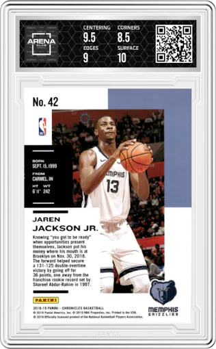 Jaren Jackson Jr. from the 2018-19 Panini Chronicles set graded by Arena Club and given an overall grade of 9.