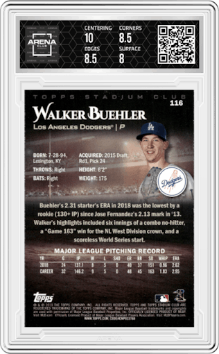 Walker Buehler from the 2019 Topps Stadium Club set graded by Arena Club and given an overall grade of 8.5.