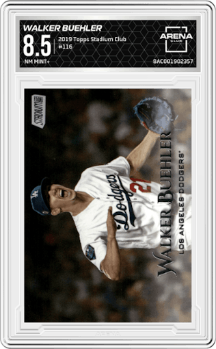 Walker Buehler from the 2019 Topps Stadium Club set graded by Arena Club and given an overall grade of 8.5.