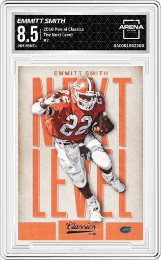 Emmitt Smith from the 2016 Panini Classics   set graded by Arena Club and given an overall grade of 8.5.