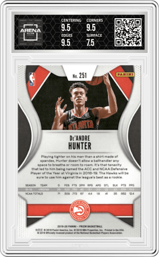 De'Andre Hunter from the 2019-20 Panini Prizm set graded by Arena Club and given an overall grade of 8.