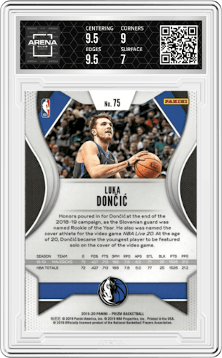 Luka Doncic from the 2019-20 Panini Prizm set graded by Arena Club and given an overall grade of 7.5.