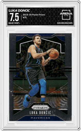 Luka Doncic from the 2019-20 Panini Prizm set graded by Arena Club and given an overall grade of 7.5.