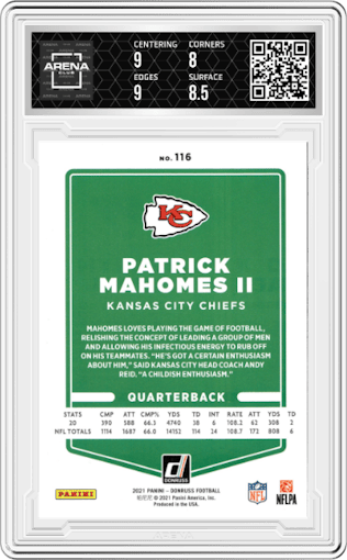 Patrick Mahomes II from the 2021 Panini Donruss set featuring a Press Proof Blue parallel graded by Arena Club and given an overall grade of 8.5.