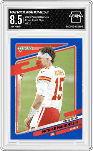 Patrick Mahomes II from the 2021 Panini Donruss set featuring a Press Proof Blue parallel graded by Arena Club and given an overall grade of 8.5.