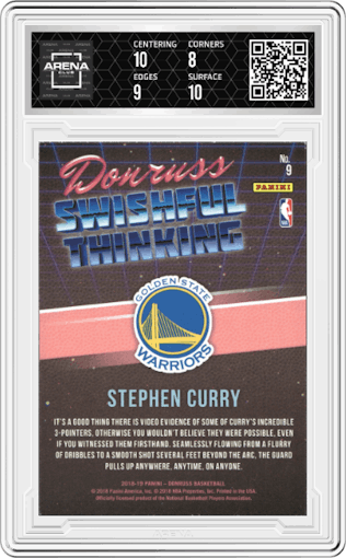 Stephen Curry from the 2018-19 Panini Donruss  set graded by Arena Club and given an overall grade of 8.5.