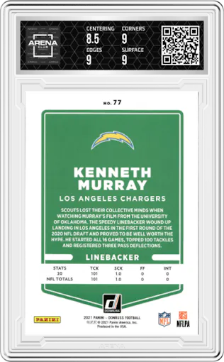 Kenneth Murray from the 2021 Panini Donruss set graded by Arena Club and given an overall grade of 9.