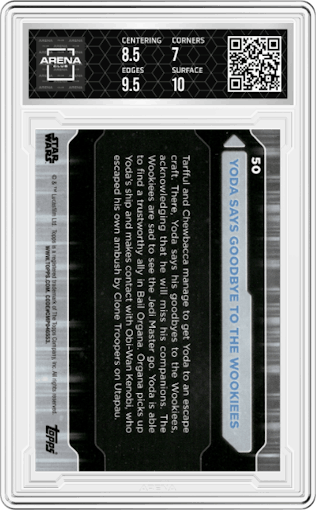 Yoda Says Goodbye To The Wookiees from the 2021 Topps Star Wars Battle Plans set graded by Arena Club and given an overall grade of 7.5.