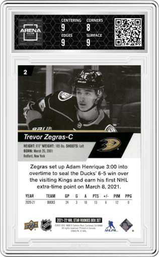 Trevor Zegras from the 2021-22 Upper Deck NHL Star Rookies Box Set set graded by Arena Club and given an overall grade of 8.5.