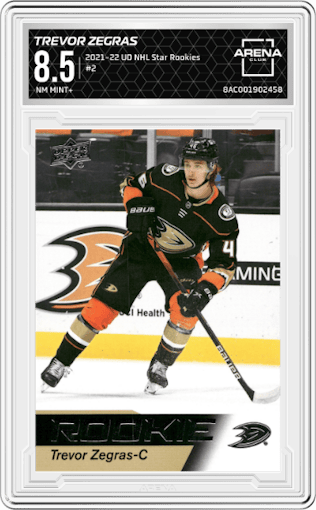 Trevor Zegras from the 2021-22 Upper Deck NHL Star Rookies Box Set set graded by Arena Club and given an overall grade of 8.5.