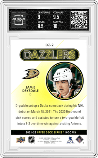 Jamie Drysdale from the 2021-22 Upper Deck Series 1 set graded by Arena Club and given an overall grade of 9.5.