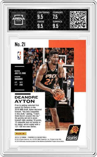 Deandre Ayton from the 2018-19 Panini Chronicles set graded by Arena Club and given an overall grade of 8.