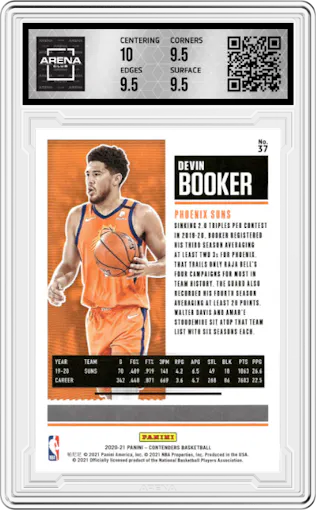 Devin Booker from the 2020-21 Panini Contenders set graded by Arena Club and given an overall grade of 10.