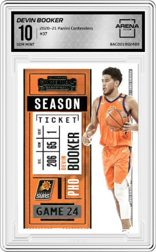 Devin Booker from the 2020-21 Panini Contenders set graded by Arena Club and given an overall grade of 10.