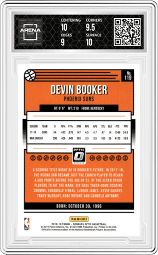 Devin Booker from the 2018-19 Panini Donruss Optic set graded by Arena Club and given an overall grade of 9.5.