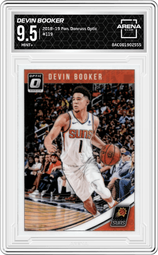 Devin Booker from the 2018-19 Panini Donruss Optic set graded by Arena Club and given an overall grade of 9.5.