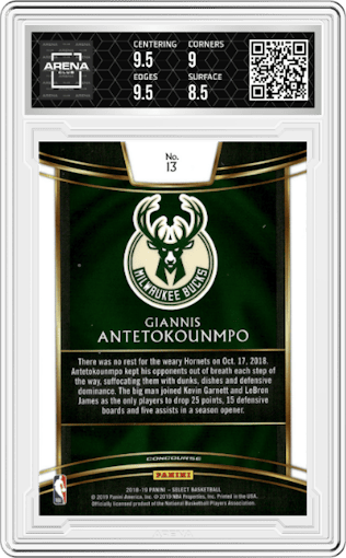 Giannis Antetokounmpo from the 2018-19 Panini Select  set graded by Arena Club and given an overall grade of 9.