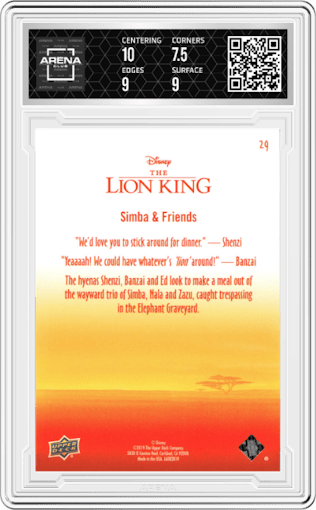 Simba & Friends from the 2020 Upper Deck Lion King  set graded by Arena Club and given an overall grade of 8.