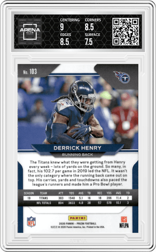 Derrick Henry from the 2020 Panini Prizm set graded by Arena Club and given an overall grade of 8.