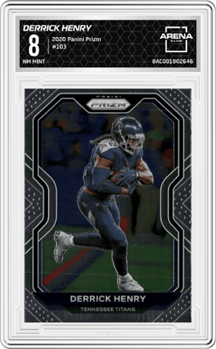 Derrick Henry from the 2020 Panini Prizm set graded by Arena Club and given an overall grade of 8.