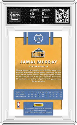 Jamal Murray from the 2017-18 Panini Donruss Optic set graded by Arena Club and given an overall grade of 9.