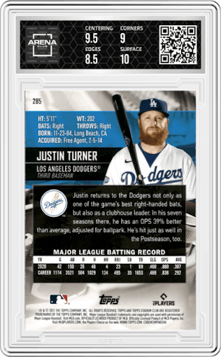 Justin Turner from the 2021 Topps Stadium Club set graded by Arena Club and given an overall grade of 9.
