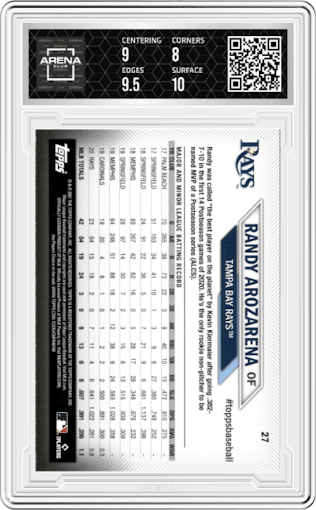 Randy Arozarena from the 2021 Topps National Baseball Card Day set graded by Arena Club and given an overall grade of 8.5.