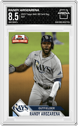 Randy Arozarena from the 2021 Topps National Baseball Card Day set graded by Arena Club and given an overall grade of 8.5.