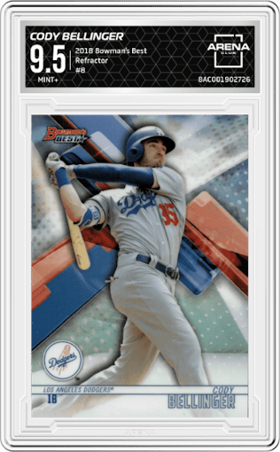 Cody Bellinger from the 2018 Bowman’s Best set featuring a Refractor parallel graded by Arena Club and given an overall grade of 9.5.