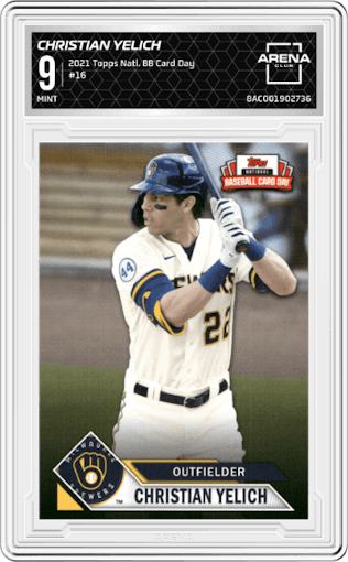 Christian Yelich from the 2021 Topps National Baseball Card Day set graded by Arena Club and given an overall grade of 9.