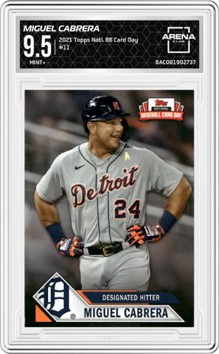 Miguel Cabrera from the 2021 Topps National Baseball Card Day set graded by Arena Club and given an overall grade of 9.5.